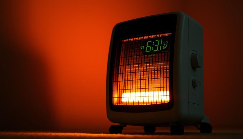 A dimly lit room, the glow of a supplementary heater casting a warm, amber hue across the space. The heater's digital display shows its energy consumption, a tangible representation of the trade-offs between comfort and efficiency. In the foreground, the heater stands sentinel, its controls within easy reach, a silent witness to the ongoing debate over the benefits and drawbacks of leaving it on overnight. The background fades into soft, muted tones, inviting contemplation of the broader implications of this heating choice. Precise yet atmospheric, this image captures the essence of the "supplementary heating, energy consumption" dilemma.