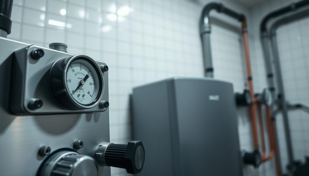 A gas boiler control panel in a well-lit industrial setting. The foreground features a pressure gauge and control knobs, with a sturdy, metallic housing. The middle ground showcases the boiler itself, its sleek, modern design complementing the panel. In the background, a clean, tiled wall provides a clean, minimalist backdrop, emphasizing the technical precision of the equipment. The lighting is bright and even, casting a professional, functional atmosphere. The angle is slightly angled, giving a sense of depth and showcasing the various components in detail. The overall mood is one of efficiency, reliability, and careful maintenance of the heating system.