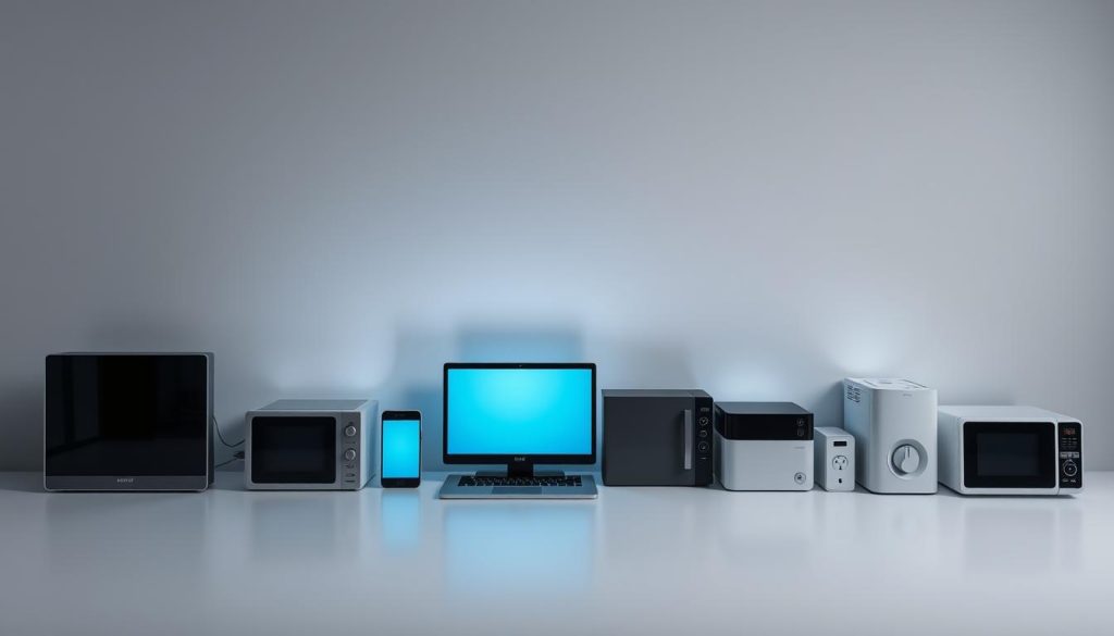 A high-angle shot of a neatly arranged line-up of various household electronic devices, including a television, laptop, smartphone, and other common appliances. The devices are displayed against a minimalist, gray background, with soft, indirect lighting illuminating their sleek, modern designs. The focus is on showcasing the energy consumption levels of these devices in standby mode, conveying a sense of efficiency and environmental awareness. The overall composition is balanced and visually appealing, inviting the viewer to closely examine the relative power usage of each appliance.