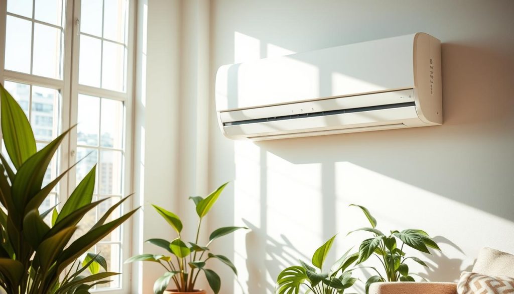 A modern, energy-efficient air conditioning unit, its sleek design seamlessly integrated into a bright, airy living space. Sunlight streams through large windows, casting a warm, natural glow across the room. The unit's digital display shows the current temperature and settings, its controls conveniently within reach. Lush houseplants and minimalist decor create a serene, comfortable atmosphere, highlighting the benefits of having a climate-controlled environment year-round. The scene exudes a sense of effortless comfort and convenience, perfectly capturing the advantages of a perpetually active, reversible air conditioning system.