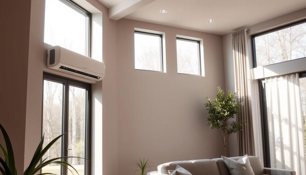 A modern, well-designed home interior with a sleek, integrated air conditioning unit prominently featured. The climate control system is seamlessly integrated into the minimalist decor, with clean lines and muted tones. Natural light floods the space through large windows, casting a warm, ambient glow. The air conditioning unit is discreetly positioned, blending harmoniously with the overall aesthetic. The scene conveys a sense of comfort, efficiency, and environmental control, reflecting the "Optimiser l'utilisation de sa climatisation" section of the article.