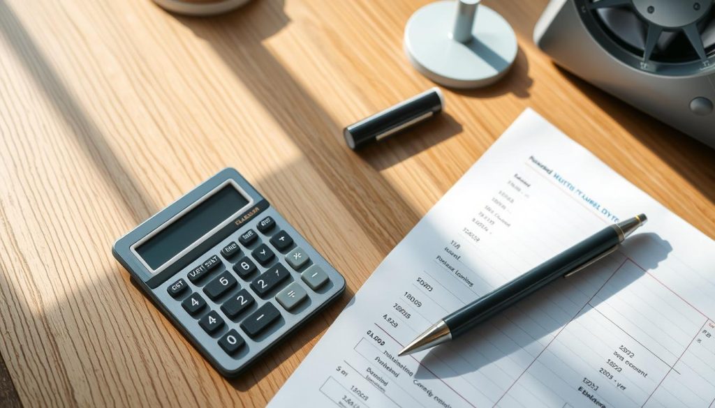 A neatly laid out calculator, paper, and pen on a wooden desk, showcasing the process of calculating the cost of operating a high-efficiency A+++ rated tumble dryer. Soft, natural lighting illuminates the scene, casting warm shadows and highlights the tactile details of the materials. The layout is clean and organized, reflecting the methodical nature of the task at hand. The overall mood is one of focus and efficiency, inviting the viewer to engage with the data and uncover the insights that will inform their laundry habits.