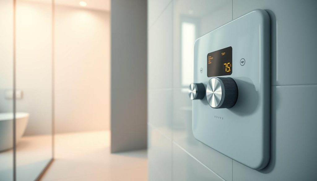 A sleek, modern bathroom interior with a close-up view of a gas boiler's hot water temperature controls. The foreground features the boiler's digital display and knobs, allowing precise adjustment of the hot water temperature. The middle ground showcases the clean, minimalist tiled wall and floor, creating a sense of order and functionality. The background subtly blends into a softly lit, airy atmosphere, evoking a comfortable, well-designed space. The lighting is warm and natural, highlighting the boiler's tactile, high-quality materials. The overall scene conveys a sense of control and efficiency in managing the home's hot water system.