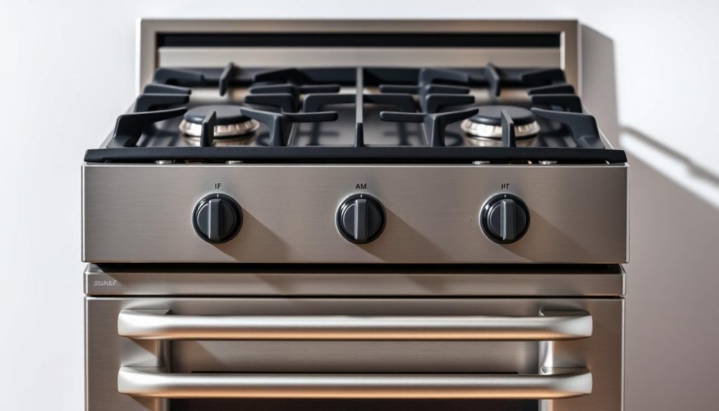 A sleek, modern gas stove against a neutral background, showcasing its control panel and knobs. The stove is well-lit, casting subtle shadows to emphasize its form and materials. The scene exudes a sense of efficiency and practicality, inviting the viewer to imagine the stove in use. The focus is on the stove itself, with minimal distractions in the background, allowing the audience to clearly understand the subject and its key features. The overall mood is one of clarity and functional design.
