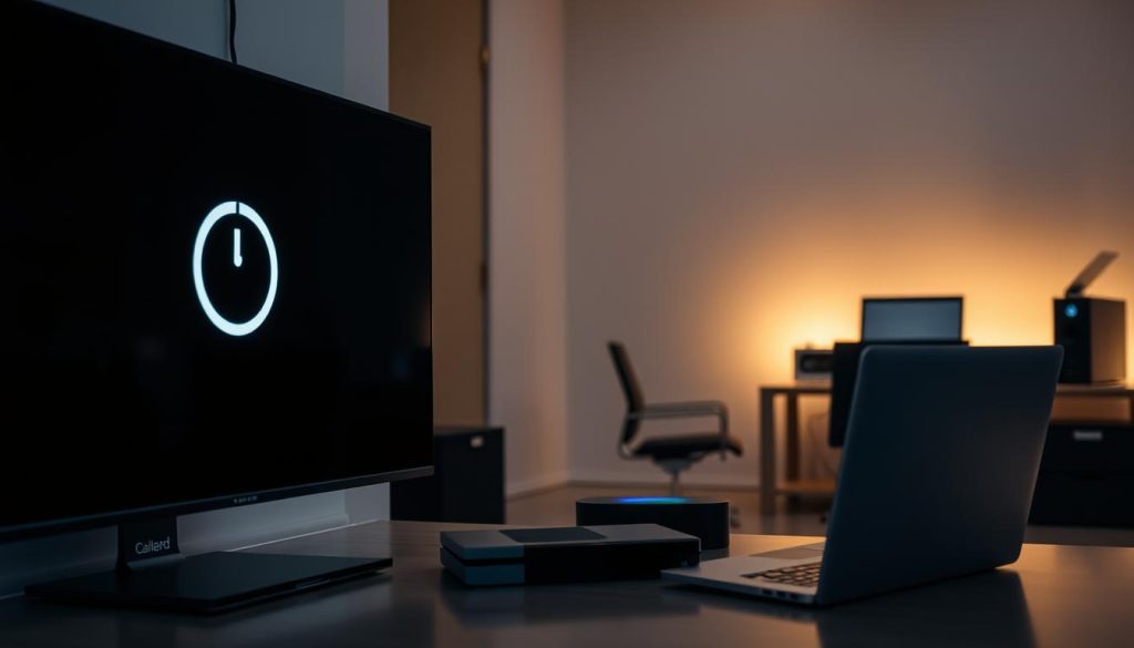 A sleek, modern interior with various electronic devices in power-saving mode. In the foreground, a television screen displays the power-saving icon, its backlight dimmed. Nearby, a laptop computer rests, its lid closed, indicating its standby state. In the middle ground, a gaming console and a cable box sit silently, their LED indicators glowing softly. The background showcases a minimalist desk setup, with a desktop computer and a smartphone charging dock, all operating in an energy-efficient sleep mode. Subtle, indirect lighting casts a warm, ambient glow, creating a tranquil atmosphere that highlights the power-saving features of these electronics.