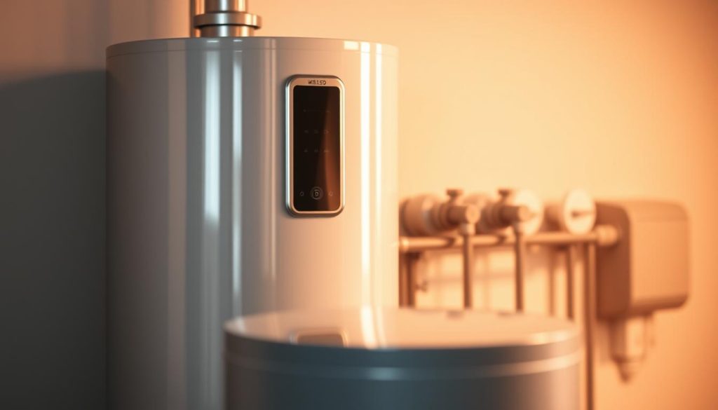 A sleek, modern water heater stands prominently in the foreground, its gleaming surface reflecting the warm, diffused lighting that bathes the scene. In the middle ground, a series of water pipes and valves are visible, hinting at the inner workings of the appliance. The background is softly blurred, drawing the viewer's attention to the central focus - the water heater itself. The overall mood is one of efficiency and technological sophistication, conveying the advantages of regular maintenance and descaling to ensure the optimal performance and longevity of the water heater.