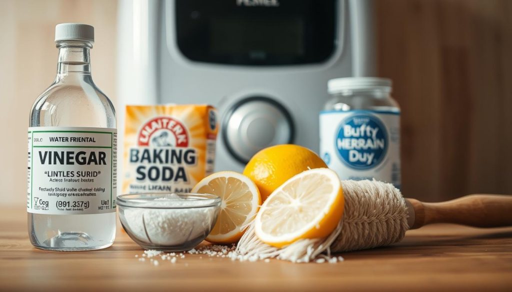 A well-lit close-up of various natural cleaning agents arranged on a wooden surface, including white vinegar, baking soda, lemon, and a scrub brush. The foreground displays the ingredients in an organized, visually appealing manner, suggesting an eco-friendly, DIY approach to removing limescale from a water heater. The middle ground features a blurred, out-of-focus household appliance, hinting at the context of the image. The background is a soft, natural wood texture, creating a warm, rustic atmosphere. The lighting is soft and diffused, highlighting the textures and colors of the cleaning products. The overall impression is one of a simple, effective, and environmentally-conscious solution to a common household problem.