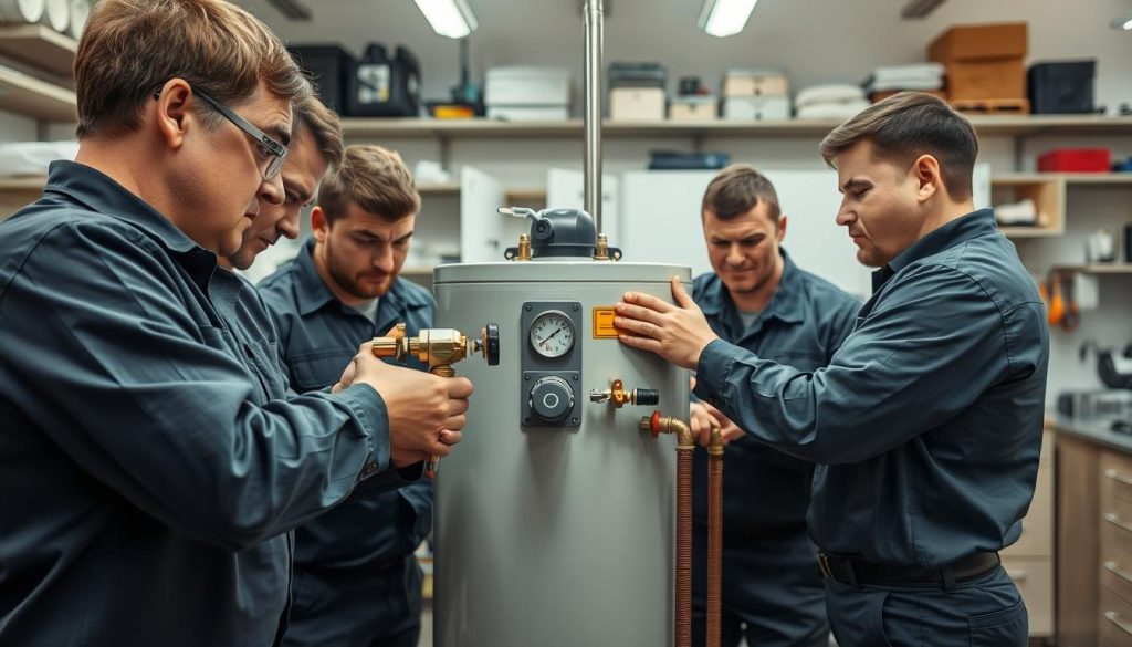 A well-lit, detailed image of a group of technicians performing a safety inspection and maintenance on a water heater. The foreground shows the technicians closely examining the pressure relief valve, gauges, and connections, with tools and equipment visible. The middle ground depicts the water heater itself, showcasing its various components, while the background features a clean, professional workshop setting with shelves, cabinets, and other related equipment. The overall mood conveys a sense of focused, methodical expertise and attention to safety protocols. A well-lit, detailed image of a group of technicians performing a safety inspection and maintenance on a water heater. The foreground shows the technicians closely examining the pressure relief valve, gauges, and connections, with tools and equipment visible. The middle ground depicts the water heater itself, showcasing its various components, while the background features a clean, professional workshop setting with shelves, cabinets, and other related equipment. The overall mood conveys a sense of focused, methodical expertise and attention to safety protocols.