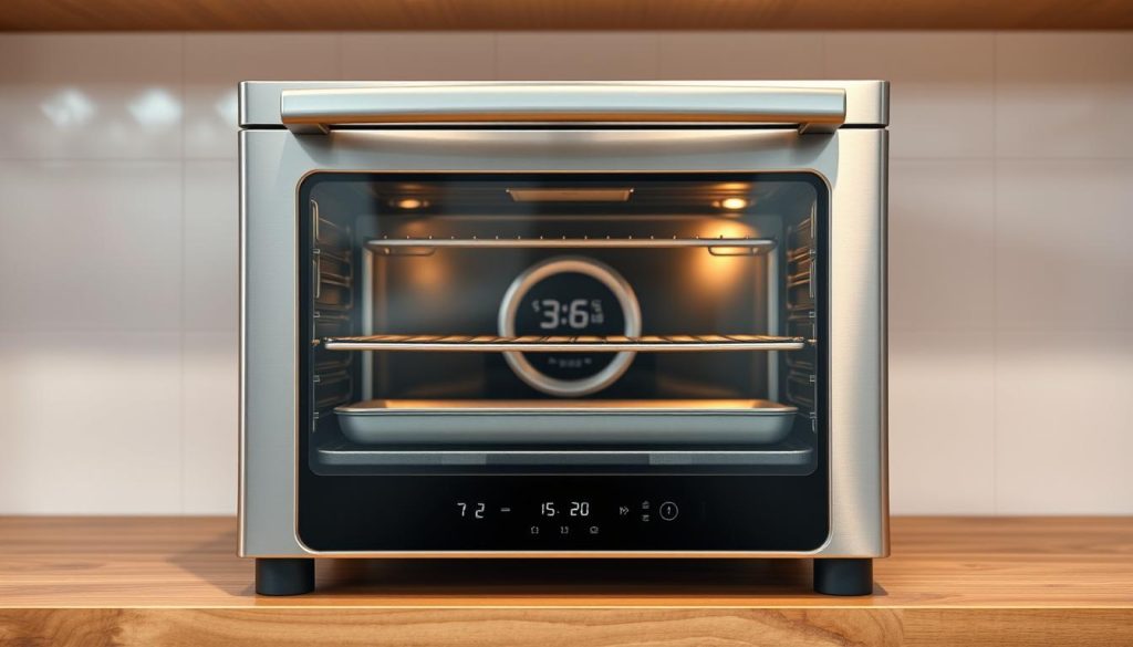 A well-lit, high-angle view of a modern kitchen oven with a convection heating system. The oven has a sleek, stainless steel exterior with a tempered glass door, allowing a clear view of the interior. The front panel displays intuitive controls and digital displays, indicating various temperature settings and timer functions. The oven is positioned on a sturdy, wooden kitchen counter, with soft, indirect lighting illuminating the scene. The overall composition conveys a sense of functionality, efficiency, and attention to detail in the design of this heat circulation oven system.