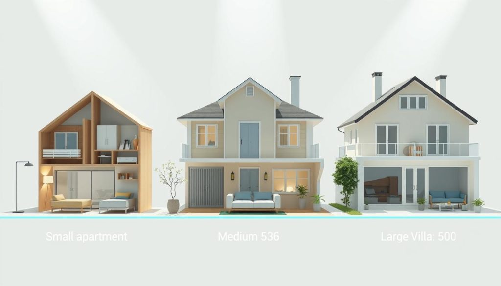 Comparison of electricity consumption across different types of dwellings. A stylized illustration showcasing the relative energy usage patterns of a small apartment, a medium-sized house, and a large villa. Bright, airy lighting illuminates the three residences, arranged in a side-by-side layout. Detailed architectural elements and furnishings provide context. Emphasis on visually contrasting the energy footprints, with subtle data visualizations hinting at the numerical differences. Muted color palette with accents of blue and green, conveying an informative, analytical tone. Precise camera angle and perspective to highlight the comparative aspect. Crisp, photorealistic rendering with a slight documentary feel.