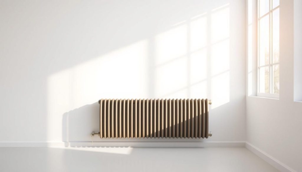 a highly detailed, photorealistic 3D rendering of a modern, energy-efficient radiator in a minimalist, well-lit interior. The radiator is placed against a plain white wall, casting soft shadows. The design features sleek, curved lines and a matte, metallic finish that reflects the warm lighting. The radiator is the focal point, surrounded by a clean, uncluttered space that emphasizes its efficient, space-saving form. Diffused natural light filters in through large windows, creating a tranquil, serene atmosphere. The scene conveys a sense of comfort, sustainability, and thoughtful design.