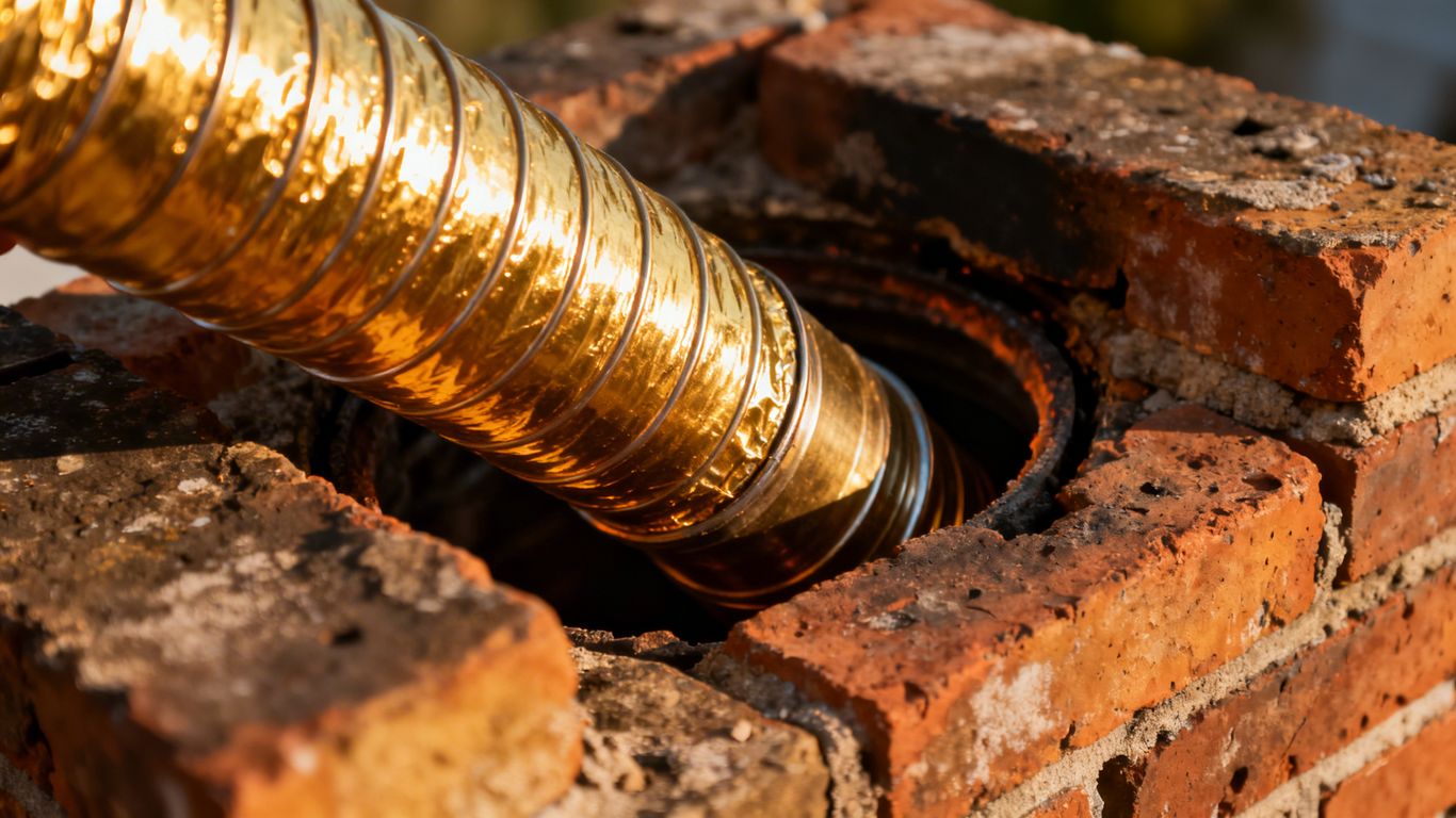 Insert d'un tubage flexible dans une cheminée en brique.