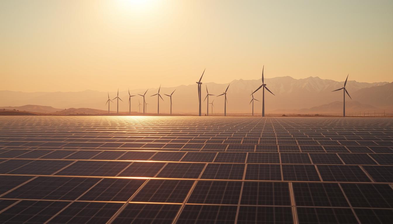 A breathtaking panoramic landscape depicting the future of decarbonized energy. In the foreground, a sprawling solar farm, with sleek, efficient panels gleaming in the warm sunlight. In the middle ground, towering wind turbines, their blades gracefully cutting through the air, harnessing the power of the elements. In the background, a stunning mountain range, its peaks capped with snow, symbolizing the natural harmony of renewable energy sources. The scene is bathed in a soft, golden glow, conveying a sense of optimism and possibility. The composition uses a wide-angle lens to capture the vastness of the landscape, with dramatic shadows and highlights adding depth and dimensionality. The overall mood is one of progress, innovation, and a sustainable future for our planet.
