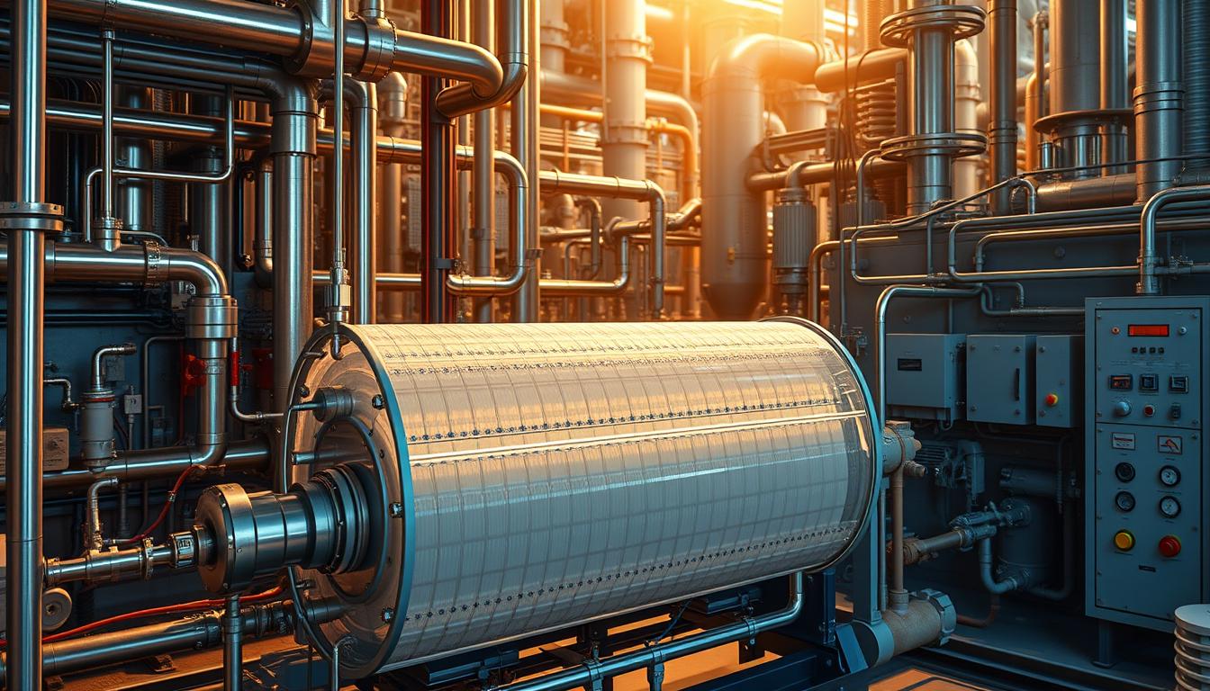 A complex technical installation against a backdrop of a futuristic power plant. In the foreground, an intricate osmotic membrane system, its delicate components meticulously engineered. Surrounding it, a maze of pipes, valves, and control panels, the heart of an innovative renewable energy system. Dramatic lighting casts dramatic shadows, highlighting the precision and innovation required to harness the power of osmotic energy. The overall scene conveys the technical challenges and engineering prowess necessary to bring this renewable technology to life.