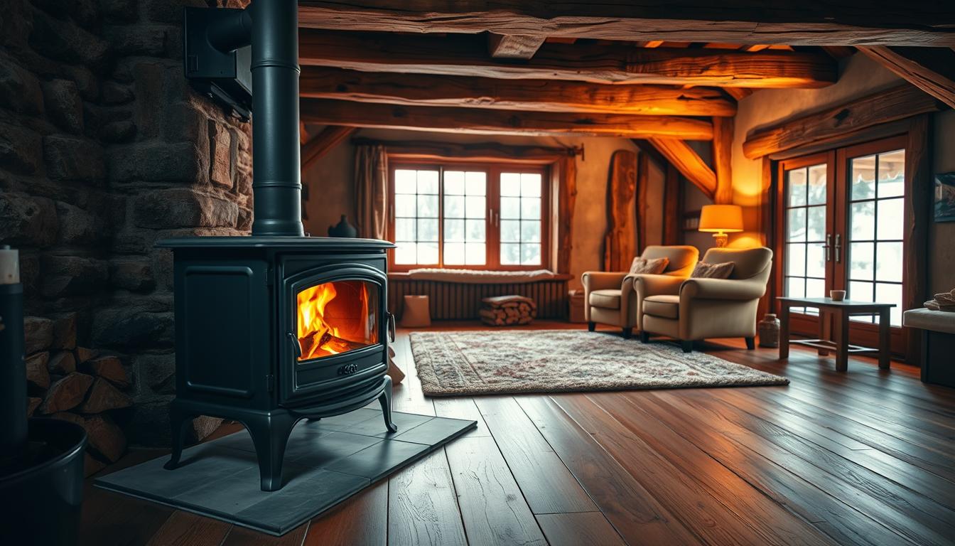 A cozy interior scene depicting a traditional domestic heating system fueled by firewood. In the foreground, a cast iron wood-burning stove stands proudly, its grate aglow with smoldering embers. Surrounding it, a rustic living room with exposed wooden beams, a plush area rug, and comfortable armchairs inviting relaxation. Warm, ambient lighting casts a gentle glow, highlighting the natural textures of the space. In the background, a large window offers a glimpse of a snowy winter landscape, emphasizing the wood-based heat source as a sustainable, renewable energy solution. The overall atmosphere conveys a sense of comfort, efficiency, and environmental harmony.