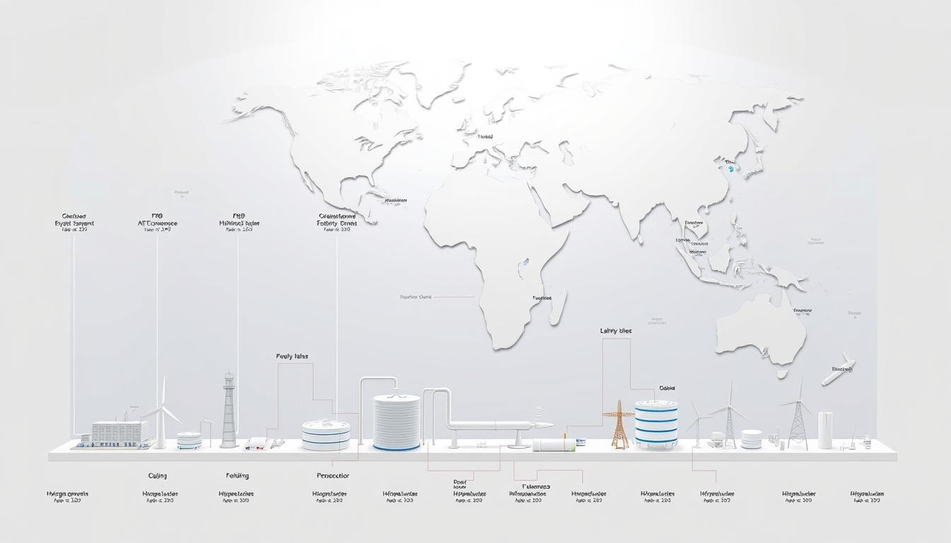 A detailed comparison of hydrogen power projects from around the world, depicted in a clean, technical illustration. The foreground showcases various hydrogen generation methods side-by-side, with clear visual cues to distinguish each approach. The middle ground features infrastructure elements like storage tanks, pipelines, and distribution hubs, highlighting the scale and complexity of these systems. The background presents a global landscape, with geographically diverse locations marked to contextualize the international scope of these initiatives. The lighting is crisp and evenly distributed, lending an authoritative, data-driven feel. The camera angle is slightly elevated, providing an overview perspective that emphasizes the comparative aspects of the scene.
