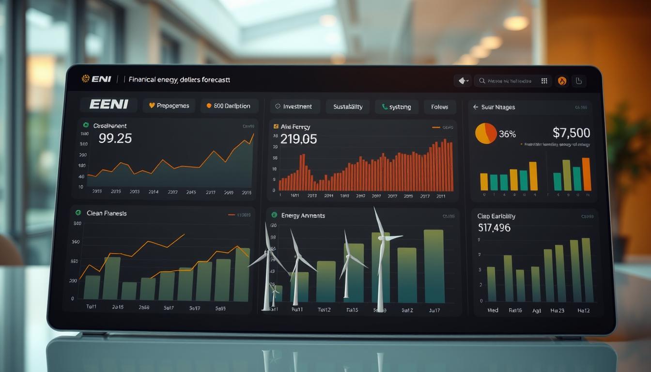 A detailed financial forecast for ENI, the Italian energy company, displayed on a sleek, minimalist dashboard. The foreground features a series of interactive charts and graphs, showcasing projected revenue, investment, and sustainability metrics. The middle ground includes 3D rendered models of renewable energy assets like wind turbines and solar panels, hinting at ENI's diversification strategy. The background is a softly blurred, modern office environment, suggesting a professional, forward-looking atmosphere. Subtle, warm lighting illuminates the scene, creating a sense of optimism and clarity around ENI's financial prognosis and clean energy transition.