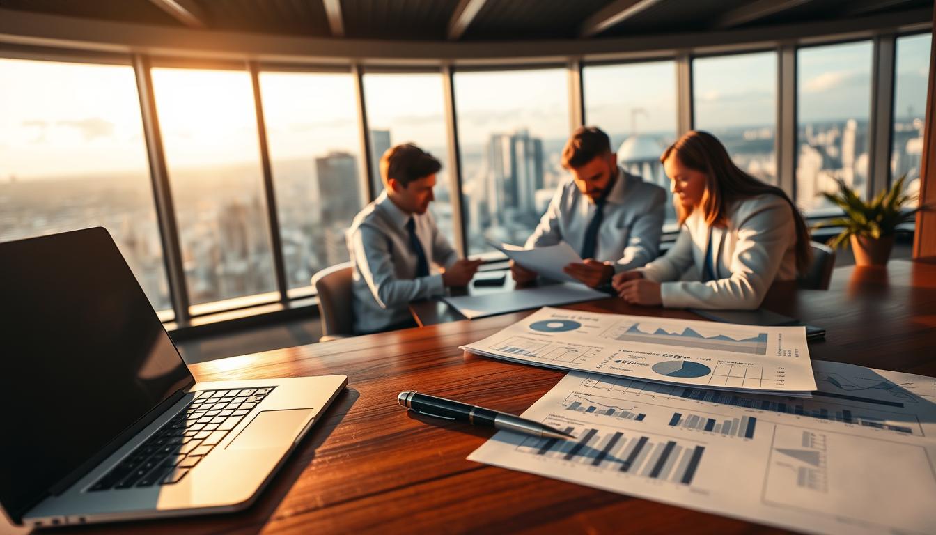 A detailed financial report depicting ENI's corporate performance, set against a backdrop of a modern office environment. In the foreground, a polished mahogany desk showcases a laptop, financial documents, and a sleek pen. Behind it, floor-to-ceiling windows offer a panoramic view of a bustling cityscape, bathed in the warm glow of the afternoon sun. The middle ground features a team of analysts poring over data, their expressions intense as they scrutinize the company's financial metrics. The overall atmosphere conveys a sense of professionalism, diligence, and the pursuit of sustainable growth, reflecting ENI's commitment to renewable energy strategies.