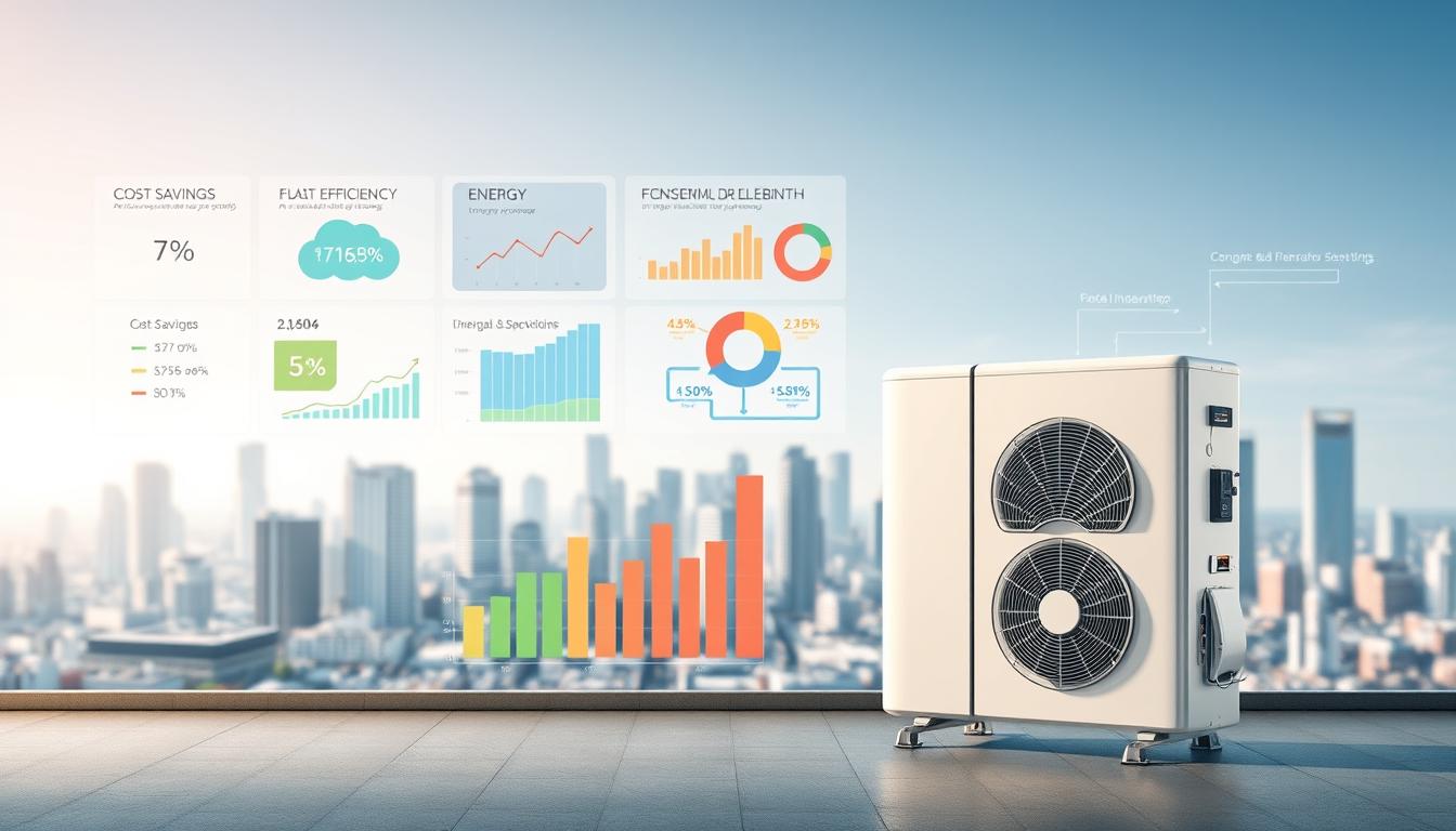 A detailed, technical illustration of the economic advantages of air source heat pump technology. In the foreground, a sleek, modern heat pump unit stands prominently, its efficient design and compact form highlighted by soft, directional lighting. In the middle ground, a series of colorful graphs and charts showcase the cost savings, energy efficiency, and environmental benefits of this renewable heating and cooling solution. The background features a stylized cityscape, conveying the widespread urban applications of this technology. The overall scene exudes a sense of innovation, sustainability, and the financial incentives driving the adoption of air source heat pumps. The image should be rendered with a high level of photorealistic detail to effectively communicate the technical and economic merits of this renewable HVAC system.