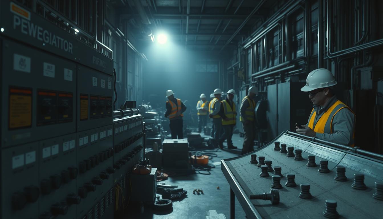 A dimly lit industrial warehouse, with emergency lighting casting an eerie glow across the room. In the foreground, a panel of vital switches and levers, the only thing standing between power outage and critical systems. Spare parts, tools, and protective gear are scattered around, hinting at the urgency of the situation. In the middle ground, workers in high-visibility vests and hard hats scramble to make repairs, faces etched with determination. The background is shrouded in shadows, a reminder of the looming energy crisis that has brought this emergency into stark relief. The overall atmosphere is one of tension and unease, capturing the sense of immediate action required to address the pressing energy shortage. A dimly lit industrial warehouse, with emergency lighting casting an eerie glow across the room. In the foreground, a panel of vital switches and levers, the only thing standing between power outage and critical systems. Spare parts, tools, and protective gear are scattered around, hinting at the urgency of the situation. In the middle ground, workers in high-visibility vests and hard hats scramble to make repairs, faces etched with determination. The background is shrouded in shadows, a reminder of the looming energy crisis that has brought this emergency into stark relief. The overall atmosphere is one of tension and unease, capturing the sense of immediate action required to address the pressing energy shortage.
