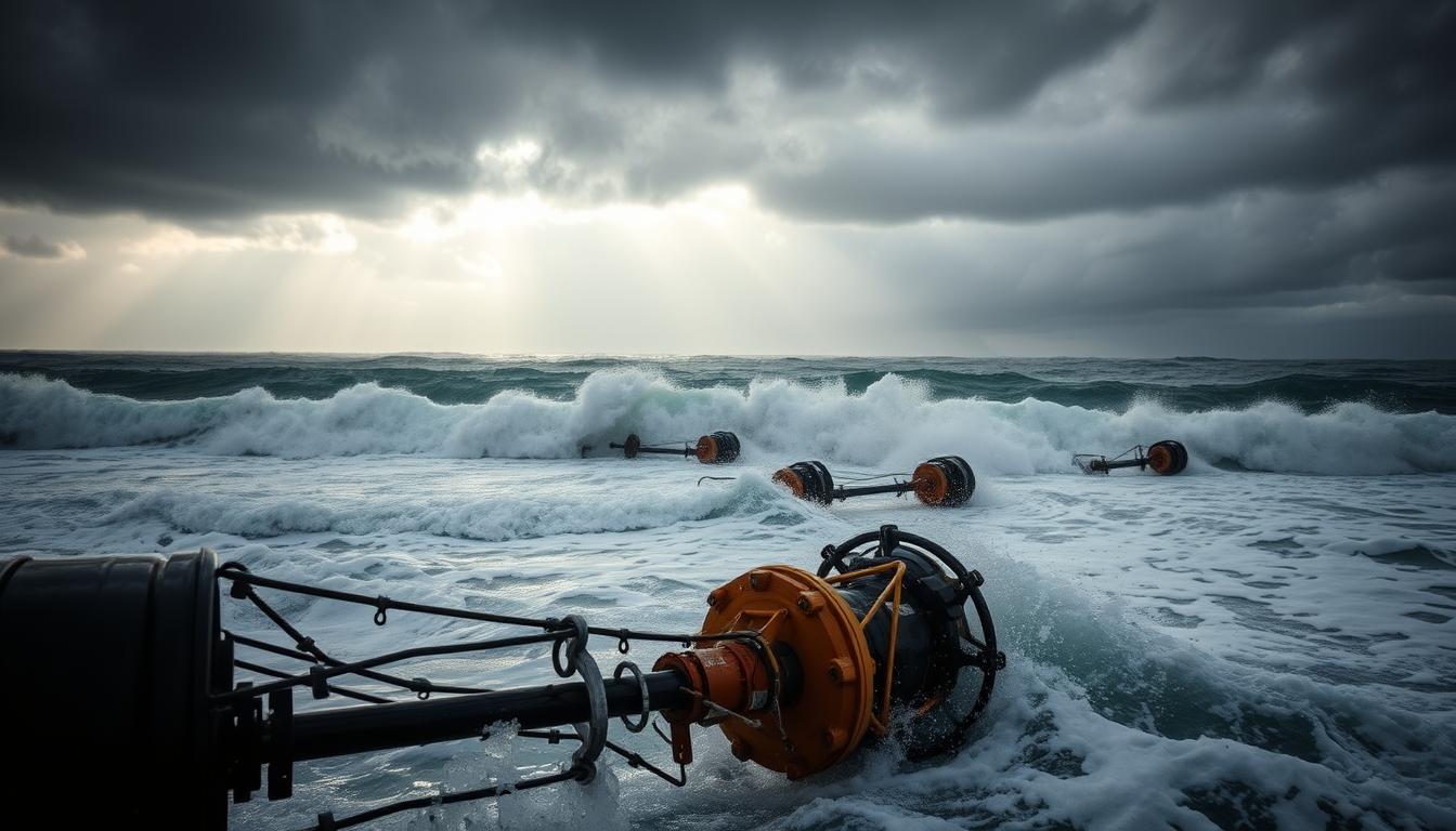 A dramatic seascape showcasing the challenges of wave energy harnessing. In the foreground, a wave energy converter device battles the crashing waves, its mechanical arms straining against the powerful ocean currents. The middle ground features a cluster of these devices, their intricate mechanisms visible against the turbulent sea. In the background, the horizon is obscured by dark, foreboding storm clouds, casting an ominous mood over the scene. The lighting is dramatic, with shafts of sunlight breaking through the clouds and reflecting off the churning whitecaps. The camera angle is low, emphasizing the scale and power of the waves towering above the devices. An aura of technological innovation and environmental struggle permeates the image, capturing the essence of the "technological and economic challenges" faced in harnessing wave energy. A dramatic seascape showcasing the challenges of wave energy harnessing. In the foreground, a wave energy converter device battles the crashing waves, its mechanical arms straining against the powerful ocean currents. The middle ground features a cluster of these devices, their intricate mechanisms visible against the turbulent sea. In the background, the horizon is obscured by dark, foreboding storm clouds, casting an ominous mood over the scene. The lighting is dramatic, with shafts of sunlight breaking through the clouds and reflecting off the churning whitecaps. The camera angle is low, emphasizing the scale and power of the waves towering above the devices. An aura of technological innovation and environmental struggle permeates the image, capturing the essence of the "technological and economic challenges" faced in harnessing wave energy.