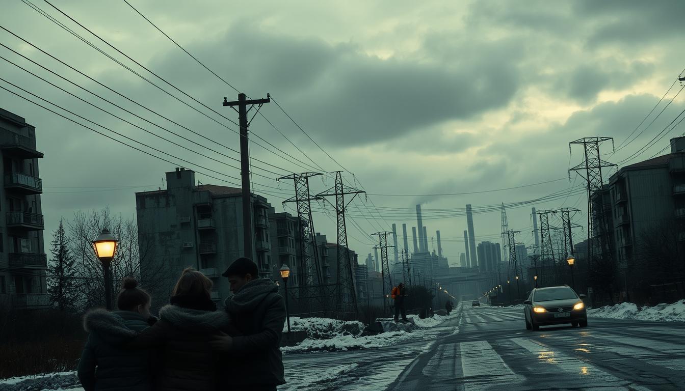 A dreary urban landscape under an oppressive grey sky, with crumbling apartment buildings and power lines cutting across the scene. In the foreground, a family huddles in the cold, their expressions weary and concerned. Flickering streetlights cast an eerie glow, and a lone car slowly navigates the icy, pothole-ridden streets. In the middle ground, utility workers struggle to repair a damaged transformer, the high cost of energy visible in their strained faces. The background is dominated by towering smokestacks and industrial complexes, a stark reminder of the sources of the energy crisis. An atmosphere of gloom and uncertainty pervades the scene, capturing the human toll of the soaring energy prices. A dreary urban landscape under an oppressive grey sky, with crumbling apartment buildings and power lines cutting across the scene. In the foreground, a family huddles in the cold, their expressions weary and concerned. Flickering streetlights cast an eerie glow, and a lone car slowly navigates the icy, pothole-ridden streets. In the middle ground, utility workers struggle to repair a damaged transformer, the high cost of energy visible in their strained faces. The background is dominated by towering smokestacks and industrial complexes, a stark reminder of the sources of the energy crisis. An atmosphere of gloom and uncertainty pervades the scene, capturing the human toll of the soaring energy prices.
