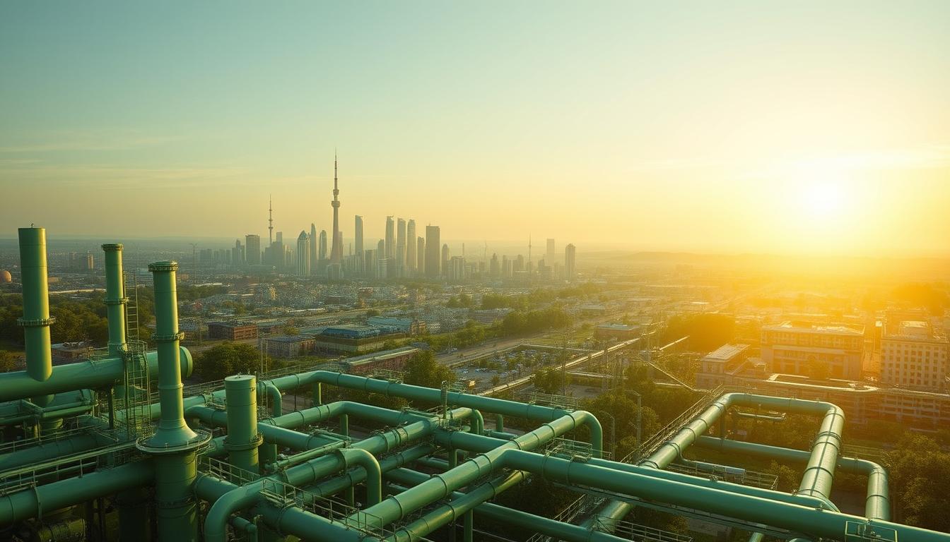 A futuristic cityscape in shades of green, illuminated by the soft glow of renewable energy sources. In the foreground, a network of pipes and turbines symbolize the infrastructure of a sustainable gas distribution system. The middle ground features a bustling urban landscape, with skyscrapers and residential buildings powered by clean, renewable gas. In the background, a distant horizon is bathed in a warm, optimistic light, hinting at the bright prospects of the renewable gas industry by the year 2025. The scene conveys a sense of progress, innovation, and environmental responsibility, capturing the essence of the "Perspectives du gaz renouvelable d'ici 2025" section.