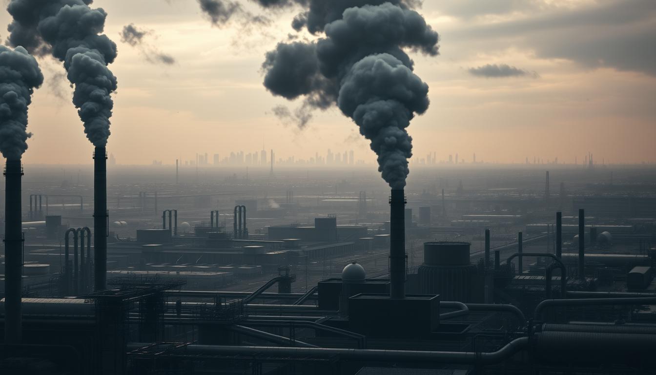 A futuristic industrial landscape depicting the impact of carbon-intensive industries. In the foreground, towering smokestacks and machinery spew thick plumes of smoke against a moody, overcast sky. The middle ground features a vast, sprawling complex of factories and warehouses, their metal structures and pipes intersecting in a maze of industrial activity. In the background, a distant cityscape rises, the silhouettes of skyscrapers visible through the hazy atmosphere. The scene conveys a sense of scale, power, and the heavy environmental toll of carbon-based industries. Dramatic lighting casts long shadows, emphasizing the imposing nature of the industrial complex. The overall mood is one of environmental concern and the need for sustainable change.