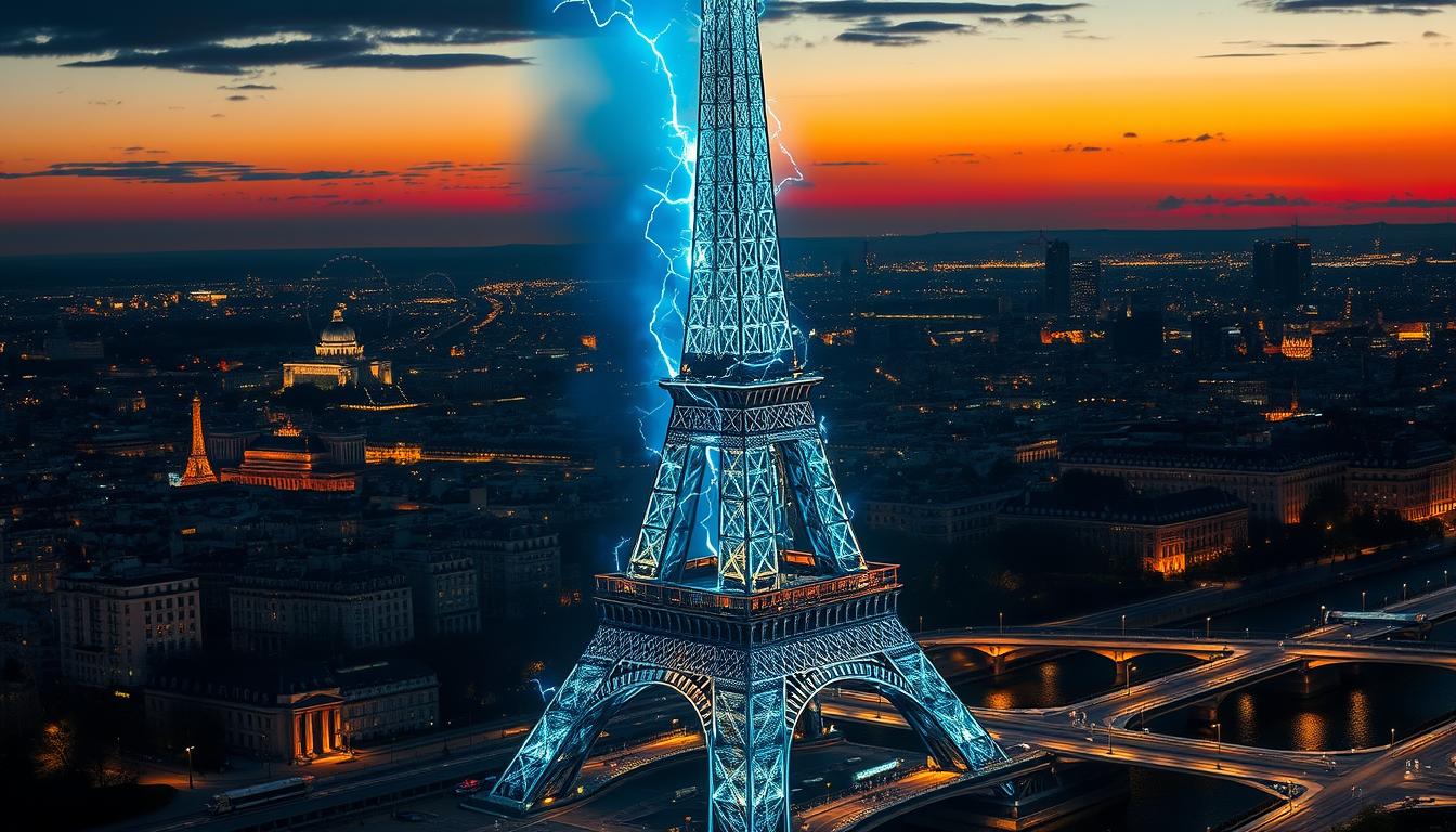 A glowing, electrified Eiffel Tower rises against a vibrant Parisian skyline, its intricate lattice framework illuminated by an otherworldly, electric-blue flame that dances and crackles across its surface. Sleek, futuristic light installations cast a warm, ethereal glow upon the surrounding cityscape, reflecting off the Seine River below. The scene exudes a sense of innovation and sustainability, showcasing the power of renewable energy to drive France's ambitious vision for the 2024 Olympics. Precise, high-resolution details capture the technical elegance of this "electric flame," a symbol of Paris' commitment to a greener, more energy-efficient future. A glowing, electrified Eiffel Tower rises against a vibrant Parisian skyline, its intricate lattice framework illuminated by an otherworldly, electric-blue flame that dances and crackles across its surface. Sleek, futuristic light installations cast a warm, ethereal glow upon the surrounding cityscape, reflecting off the Seine River below. The scene exudes a sense of innovation and sustainability, showcasing the power of renewable energy to drive France's ambitious vision for the 2024 Olympics. Precise, high-resolution details capture the technical elegance of this "electric flame," a symbol of Paris' commitment to a greener, more energy-efficient future.
