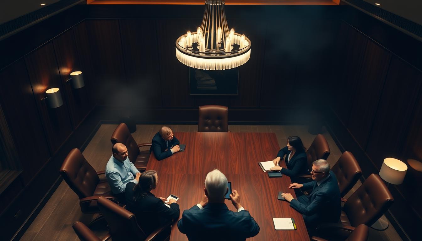 A high-angle view of an executive boardroom, with a large mahogany table surrounded by leather chairs. The room is dimly lit, with a warm, contemplative atmosphere. Overhead, a sleek, modern chandelier casts a soft glow, accentuating the rich wood tones and subtle textures of the space. In the foreground, a group of business leaders are engaged in a discussion, their expressions serious and focused, as they navigate the complexities of energy governance. The background is hazy, suggesting the weight of the decisions being made and the gravity of the situation at hand.