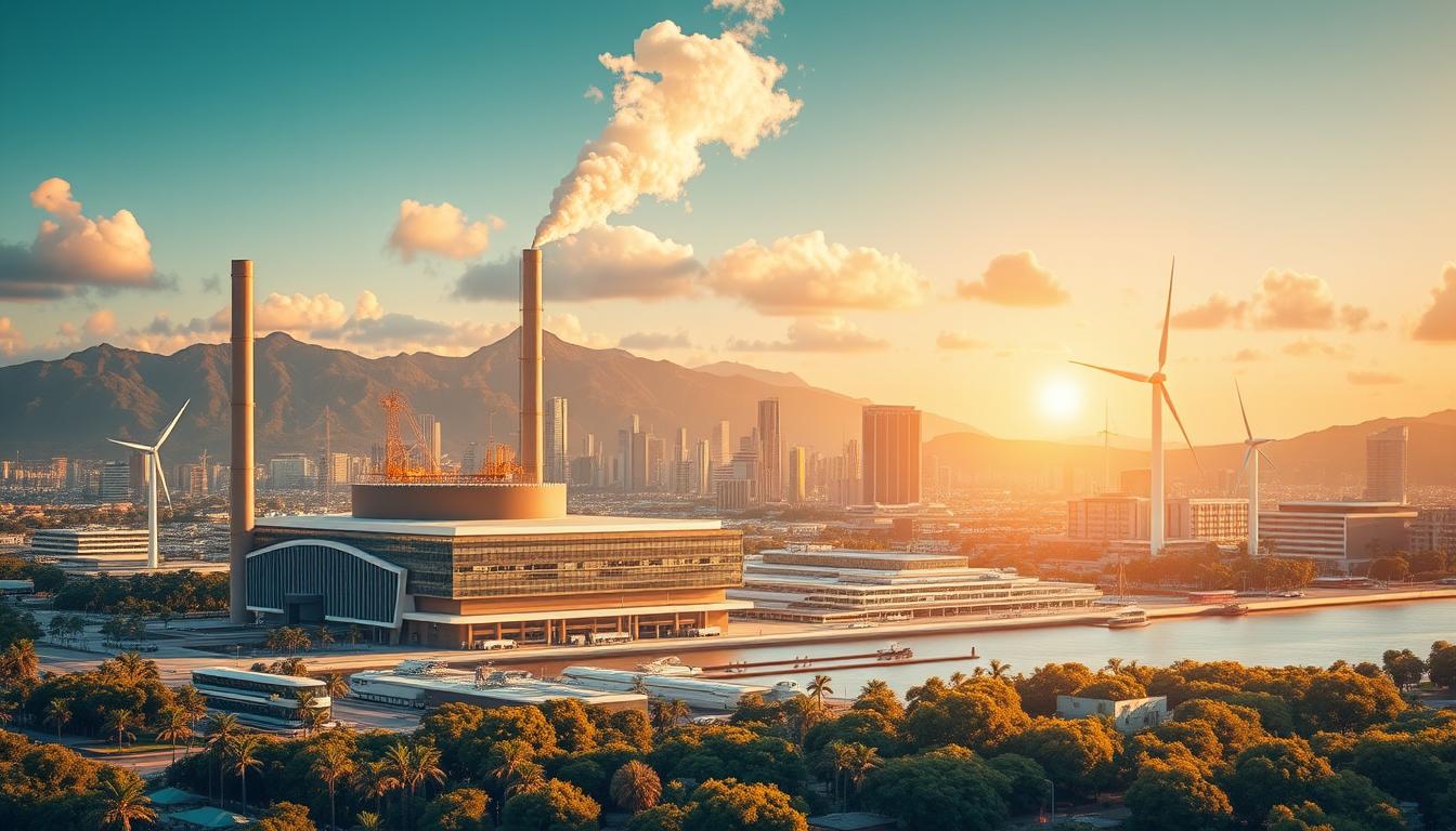 A high-resolution, detailed rendering of a cityscape featuring the city of Nouméa, New Caledonia, with a prominent power plant or energy facility in the foreground. The scene is bathed in warm, golden lighting, creating a sense of vibrancy and modernity. The building's architecture reflects a blend of contemporary and traditional elements, symbolizing the city's embrace of renewable energy solutions. In the background, the city skyline rises, with a mix of modern skyscrapers and historic structures. The overall composition conveys a sense of progress, sustainability, and the city's commitment to its energy future.