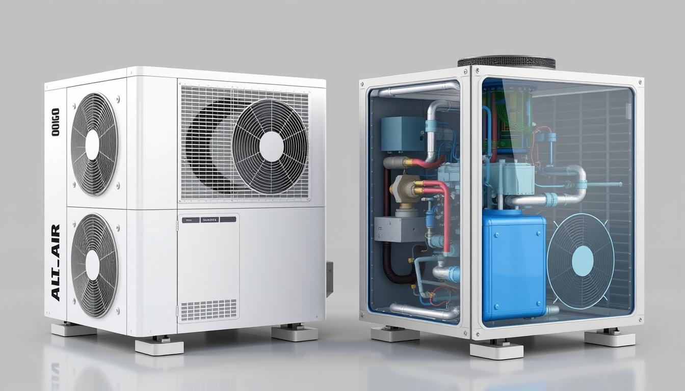 A highly detailed and technically accurate comparison of an air-to-air and an air-to-water heat pump, showcased in a clean, modern, and technical illustration. Rendered with precise 3D modeling, crisp textures, and accurate color palettes to highlight the key differences in design, components, and functionality. The scene should be well-lit, with a neutral background that allows the heat pumps to take center stage, emphasizing their technical nature and engineering. The overall mood should be professional, educational, and informative, conveying the nuances between these two heat pump technologies.
