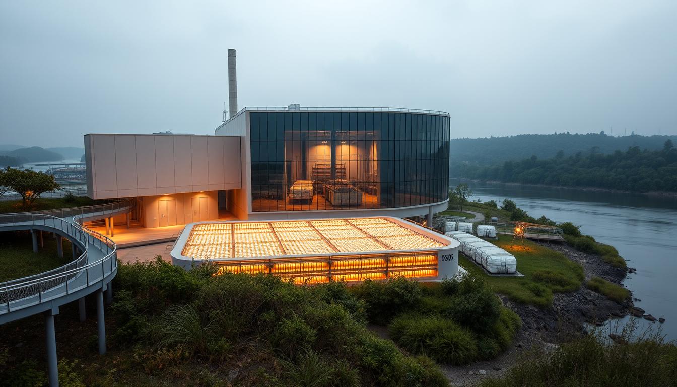 A large, modern osmotic power plant situated on a riverbank, with the central structure housing the osmotic processes. The plant's exterior is sleek and contemporary, with clean lines and reflective glass panels. The foreground features a walkway and viewing platform, allowing visitors to observe the inner workings. In the middle ground, a series of membrane-based osmotic modules are visible, their intricate designs hinting at the complex scientific principles at play. The background showcases the surrounding natural landscape, with lush vegetation and a serene river gently flowing by, creating a harmonious blend of technology and nature. Warm, diffused lighting illuminates the scene, casting a soft, inviting glow and highlighting the plant's efficient, eco-friendly energy production.