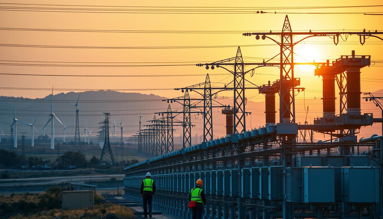 A large power grid substation with rows of transformers and high-voltage transmission lines stretching into the distance. The scene is bathed in a warm, golden glow from the setting sun, casting long shadows across the complex infrastructure. In the foreground, workers in safety gear inspect and maintain the equipment, highlighting the human effort required to keep the modernised electrical network running. The landscape is dotted with modern wind turbines, symbolising the integration of renewable energy sources. The overall mood conveys the sense of a dynamic, evolving power grid adapting to the demands of a sustainable future.
