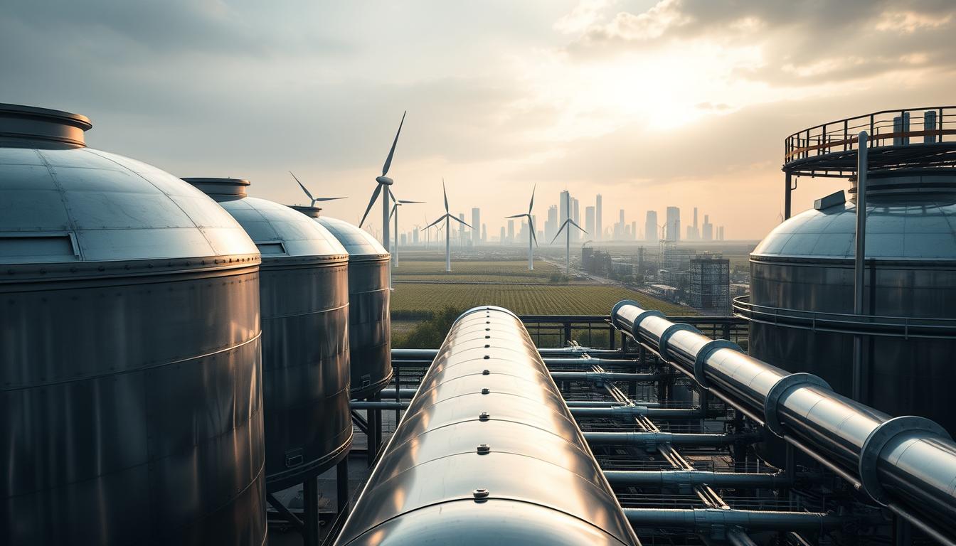 A large-scale hydrogen plant in the heart of the German industrial landscape. In the foreground, gleaming steel tanks and pipes evoke the technological prowess of hydrogen production. The midground features a field of wind turbines, their blades spinning, harnessing renewable energy to power the facility. In the background, a cityscape of modern skyscrapers and factories, symbolizing Germany's commitment to a sustainable energy future. Soft, diffused lighting casts an ethereal glow, highlighting the sleek, futuristic design of the hydrogen infrastructure. The overall scene conveys a sense of innovation, progress, and environmental responsibility, embodying Germany's hydrogen strategy as a new pillar of its energy transition.