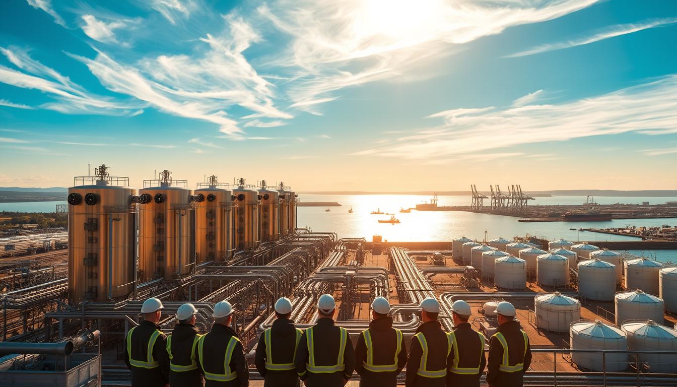 A large-scale hydrogen production facility set against the backdrop of the Nantes-Saint-Nazaire port. Rows of gleaming electrolysis units stand tall, surrounded by a network of pipes and storage tanks. The sky is a vibrant blue, with a few wispy clouds drifting overhead, illuminated by warm, golden sunlight. In the foreground, a group of workers in protective gear oversee the operations, their faces exuding a sense of purpose and pride. The overall scene conveys a vision of clean, renewable energy production, with the industrial landscape seamlessly integrated into the coastal environment. A large-scale hydrogen production facility set against the backdrop of the Nantes-Saint-Nazaire port. Rows of gleaming electrolysis units stand tall, surrounded by a network of pipes and storage tanks. The sky is a vibrant blue, with a few wispy clouds drifting overhead, illuminated by warm, golden sunlight. In the foreground, a group of workers in protective gear oversee the operations, their faces exuding a sense of purpose and pride. The overall scene conveys a vision of clean, renewable energy production, with the industrial landscape seamlessly integrated into the coastal environment.