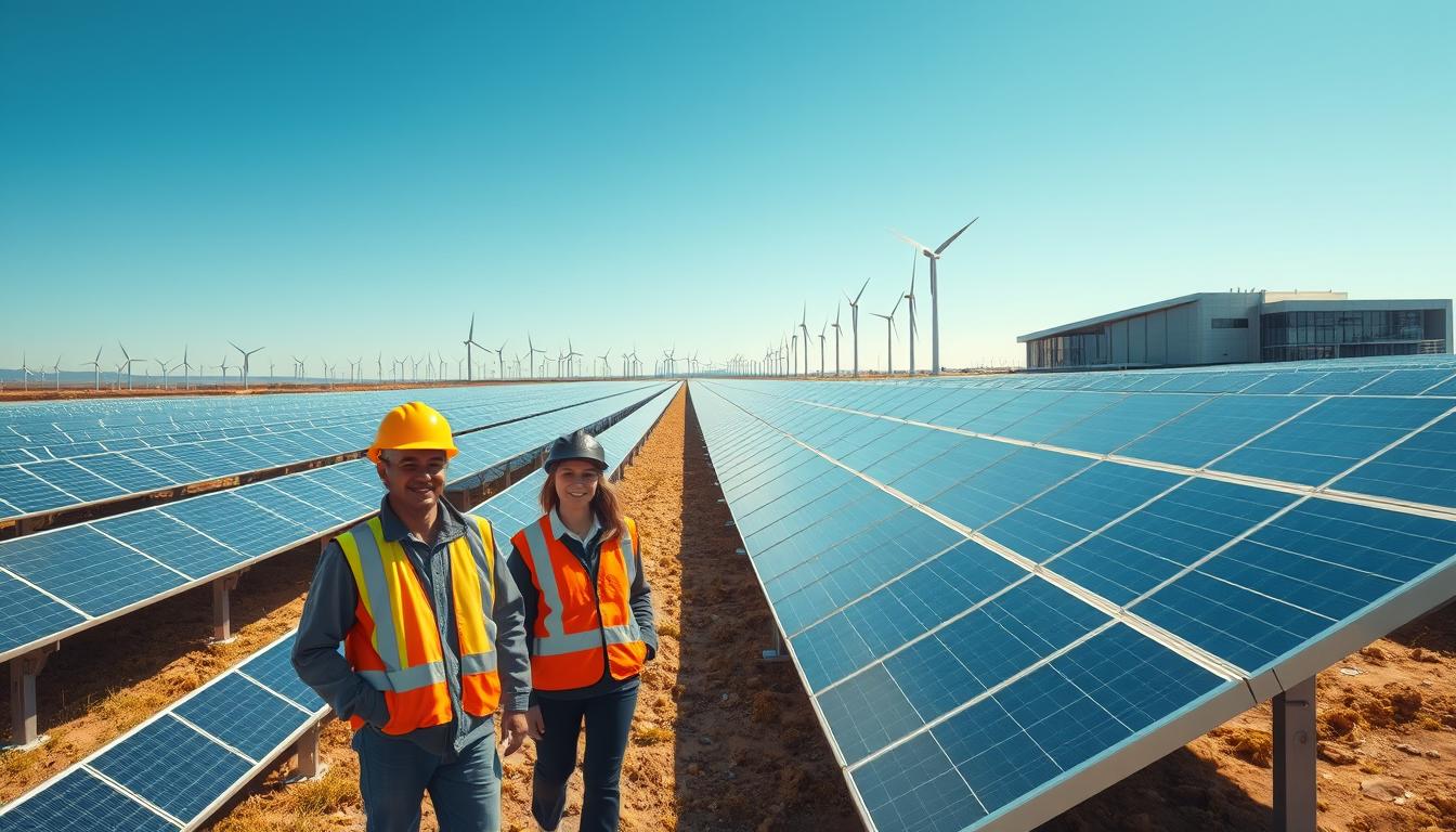 A large-scale renewable energy project operated by TotalEnergies, featuring rows of gleaming solar panels stretching across a vast, sun-drenched landscape. In the foreground, a group of young engineers in hard hats and safety vests inspect the installation, their faces brimming with pride and enthusiasm. The middle ground showcases the sprawling network of wind turbines, their blades slowly rotating in the gentle breeze. In the background, a modern, state-of-the-art control center stands tall, its sleek architecture a testament to the company's commitment to innovation. The scene is bathed in warm, golden light, capturing the optimism and dynamism of the renewable energy revolution under the leadership of Patrick Pouyanné. A large-scale renewable energy project operated by TotalEnergies, featuring rows of gleaming solar panels stretching across a vast, sun-drenched landscape. In the foreground, a group of young engineers in hard hats and safety vests inspect the installation, their faces brimming with pride and enthusiasm. The middle ground showcases the sprawling network of wind turbines, their blades slowly rotating in the gentle breeze. In the background, a modern, state-of-the-art control center stands tall, its sleek architecture a testament to the company's commitment to innovation. The scene is bathed in warm, golden light, capturing the optimism and dynamism of the renewable energy revolution under the leadership of Patrick Pouyanné.
