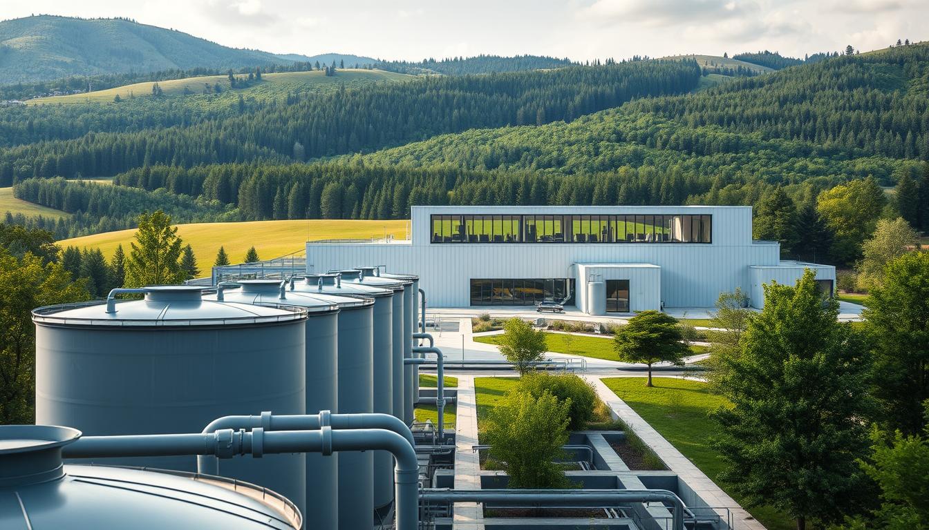 A modern industrial facility with a focus on wastewater recycling, situated within a lush, green landscape. In the foreground, a series of large, cylindrical tanks and pipes, bathed in soft, diffused lighting, symbolizing the advanced water treatment processes. The middle ground features a sleek, minimalist architecture with clean lines and large windows, allowing natural light to flood the interior. In the background, rolling hills and verdant forests create a serene, sustainable backdrop, hinting at the facility's commitment to environmental harmony. The overall scene conveys a sense of technological innovation, environmental responsibility, and a harmonious integration of industry and nature.