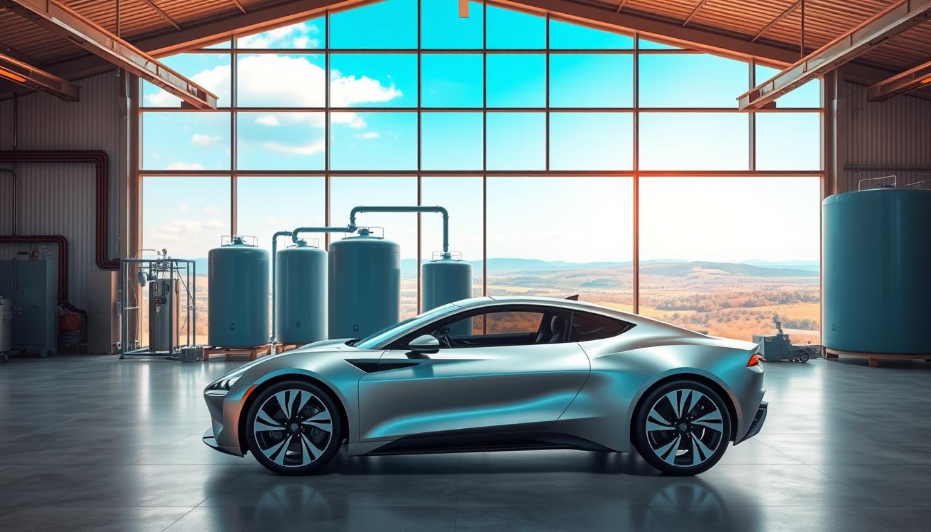A modern, minimalist factory interior with large windows bathed in warm, natural lighting. In the foreground, a sleek, hydrogen-powered vehicle prominently displayed, its metallic surface gleaming. In the middle ground, several hydrogen storage tanks and distribution equipment, all painted in shades of blue and grey to convey a sense of clean, renewable energy. The background features a panoramic view of rolling hills and a clear, blue sky, emphasizing the environmental benefits of hydrogen solutions. The overall composition exudes a sense of innovation, efficiency, and a commitment to a sustainable future.