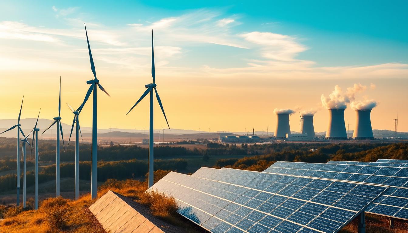 A panoramic landscape showcasing the diverse energy mix of the European continent. In the foreground, wind turbines stand tall, their blades gently spinning against a vibrant sky. Cutting through the middle ground, solar panels glisten in the sun, their sleek designs capturing the renewable potential. In the background, nuclear power plants emit plumes of steam, representing the role of nuclear energy in the European energy transition. The scene is bathed in a warm, golden light, conveying a sense of progress and the harmonious integration of various power sources. The overall composition emphasizes the complexity and balance of the European energy landscape, reflecting the nation's commitment to a sustainable energy future.