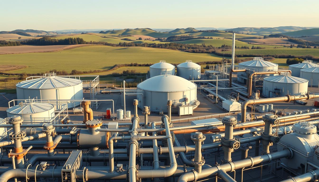 A panoramic view of a renewable gas production facility, with a central anaerobic digester plant surrounded by various processing units and storage tanks. The scene is bathed in soft, diffused lighting, conveying a sense of clean, sustainable energy production. In the foreground, intricate piping and valves interconnect the different elements, while in the background, rolling hills and a clear sky provide a serene, natural backdrop. The overall composition highlights the technical complexity and integration of the renewable gas supply chain, emphasizing the opportunities and challenges faced by this emerging industry.