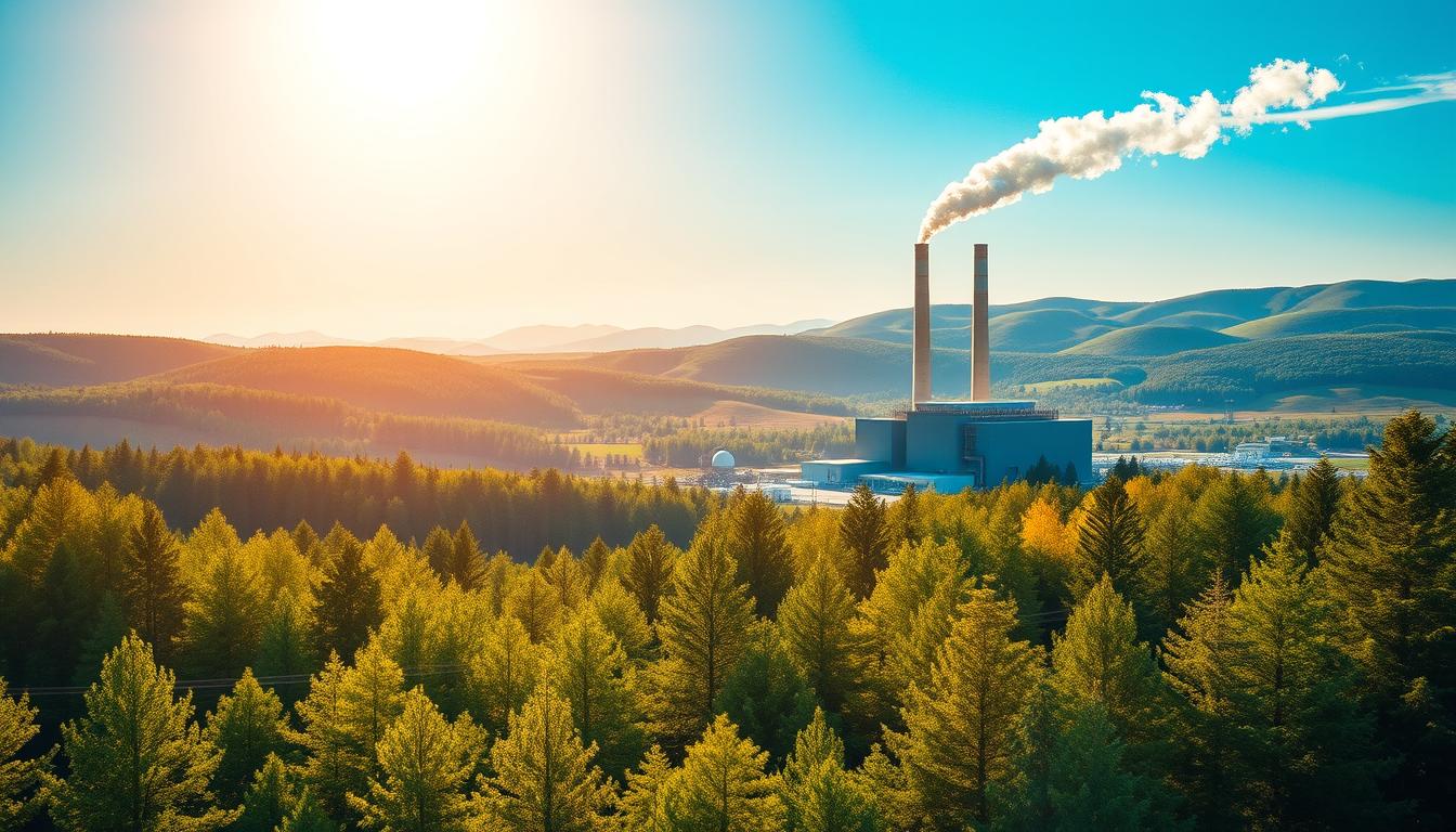A scenic landscape depicting the economic advantages of wood-based energy. In the foreground, a thriving forest of lush, verdant trees. In the middle ground, a modern wood-fired power plant, its sleek architecture blending seamlessly with the natural surroundings. The background showcases rolling hills and a bright, azure sky, symbolizing the renewable and sustainable nature of this energy source. Warm, golden lighting illuminates the scene, conveying a sense of prosperity and progress. The composition strikes a harmonious balance between nature and technology, reflecting the benefits of the wood-energy industry.