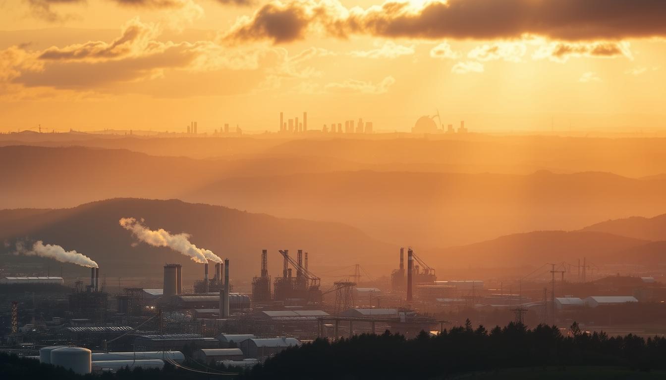 A sectorially diverse landscape, illuminated by warm, diffused lighting, depicting the complex impact of the ADEME Chaleur Fund. In the foreground, a series of industrial facilities and infrastructure, representing the various sectors affected. The middle ground features a dynamic interplay of light and shadow, hinting at the nuanced implications of the fund's policies. In the background, a panoramic view of the urban skyline, symbolizing the broader societal and economic considerations. The overall composition conveys a sense of tension and uncertainty, yet also suggests the potential for collaboration and compromise among the stakeholders.