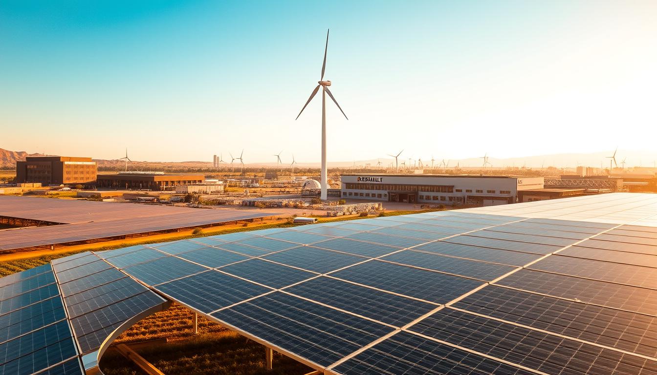 A sprawling Renault factory in Tangier, Morocco, bathed in warm, golden sunlight. In the foreground, a field of gleaming solar panels stretches out, their sleek surfaces reflecting the sky. In the middle ground, a towering wind turbine stands tall, its blades gracefully sweeping through the air. In the background, a diverse array of renewable energy sources come together - from rooftop solar panels to a small hydroelectric dam, all working in harmony to power the bustling industrial complex. The scene conveys a sense of forward-thinking innovation, with the factory seamlessly integrated into a sustainable, green energy ecosystem.