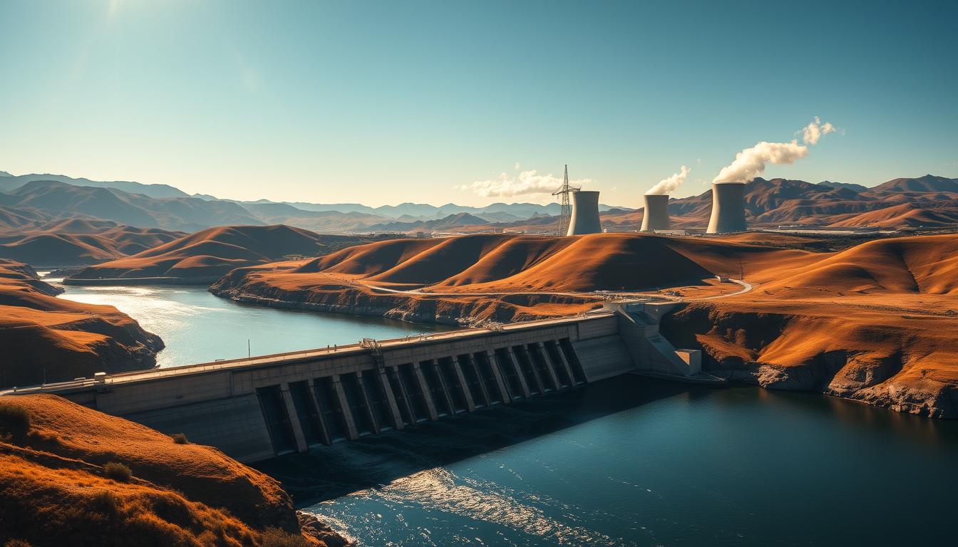 A sprawling landscape of rolling hills and mountains, bathed in warm, golden sunlight. In the foreground, a grand hydroelectric dam stretches across a vast, glimmering river, its massive turbines churning to produce clean, renewable energy. In the middle ground, sleek, modern nuclear power plants stand tall, their cooling towers billowing plumes of steam against a clear, azure sky. The interplay of these two dominant energy sources, hydroelectric and nuclear, symbolizes Spain's commitment to a diverse, sustainable energy portfolio. The scene conveys a sense of technological prowess and environmental responsibility, capturing the nation's transition towards a greener, more resilient electricity grid. A sprawling landscape of rolling hills and mountains, bathed in warm, golden sunlight. In the foreground, a grand hydroelectric dam stretches across a vast, glimmering river, its massive turbines churning to produce clean, renewable energy. In the middle ground, sleek, modern nuclear power plants stand tall, their cooling towers billowing plumes of steam against a clear, azure sky. The interplay of these two dominant energy sources, hydroelectric and nuclear, symbolizes Spain's commitment to a diverse, sustainable energy portfolio. The scene conveys a sense of technological prowess and environmental responsibility, capturing the nation's transition towards a greener, more resilient electricity grid.