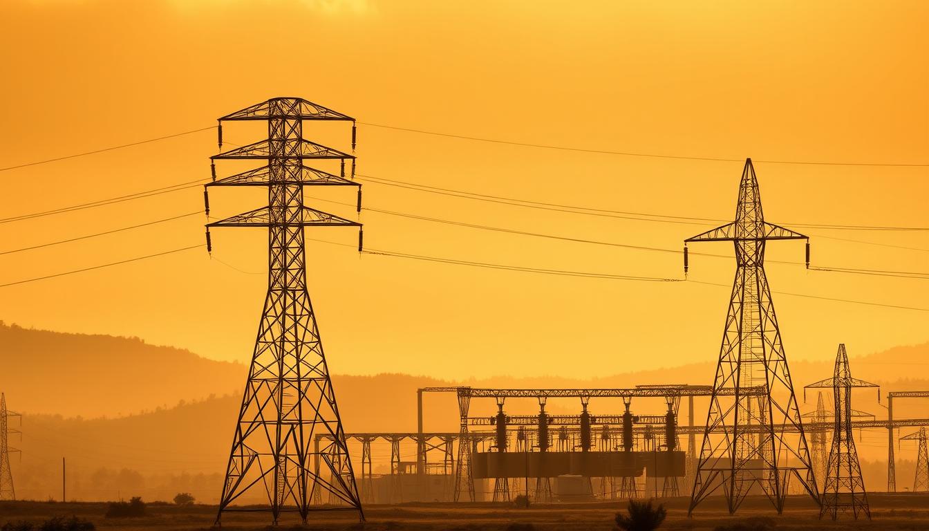 A stable and reliable electrical grid, bathed in warm, diffused lighting that casts a subtle glow. The foreground depicts high-voltage transmission towers standing tall, their intricate lattice-work silhouetted against a backdrop of rolling hills and a hazy, golden sky. In the middle ground, transformers and substations are neatly arranged, their clean, geometric forms contrasting with the organic landscape. The overall scene conveys a sense of order, efficiency, and technological prowess, reflecting the resilience and dependability of the Guyanese electrical network.