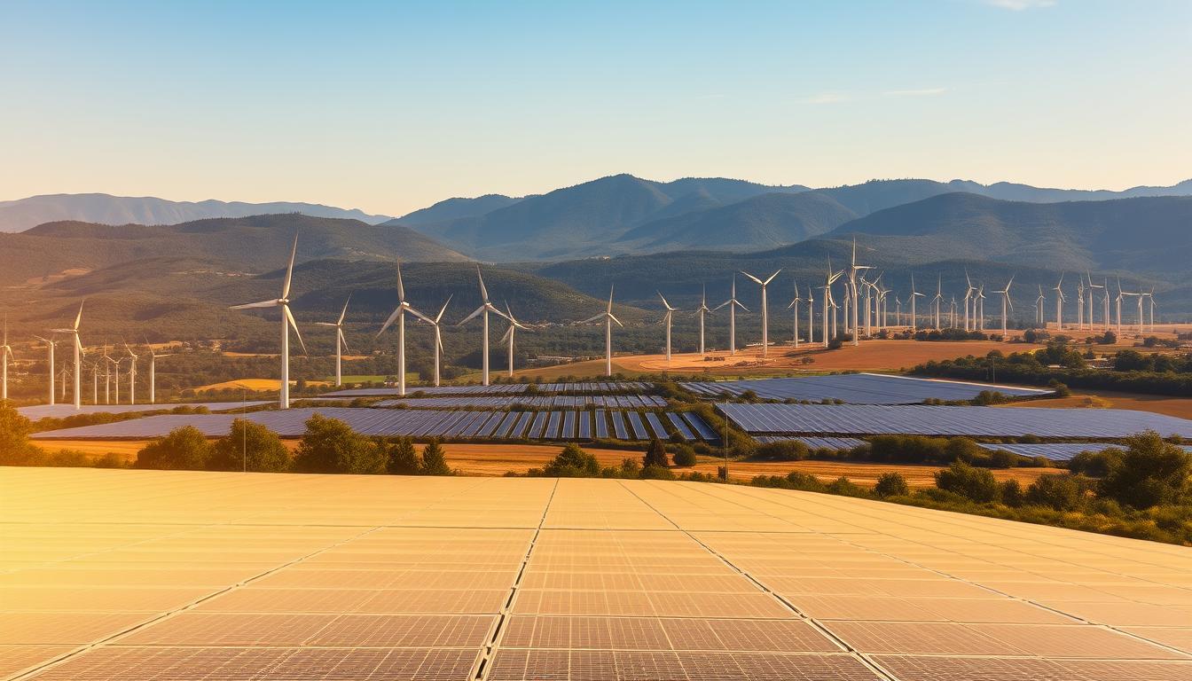 A stunning panoramic view of the European renewable energy landscape. In the foreground, a vast solar farm stretches out, the sleek panels glistening in the warm, golden sunlight. In the middle ground, rows of towering wind turbines stand tall, their blades gracefully cutting through the sky. In the background, a range of rolling hills is dotted with dense, verdant forests, hinting at the region's abundant natural resources. The scene is bathed in a soft, ethereal light, creating a sense of tranquility and harmony between the human-made structures and the natural environment. The entire composition conveys a sense of progress and sustainability, reflecting Spain's leadership in the European renewable energy transition.