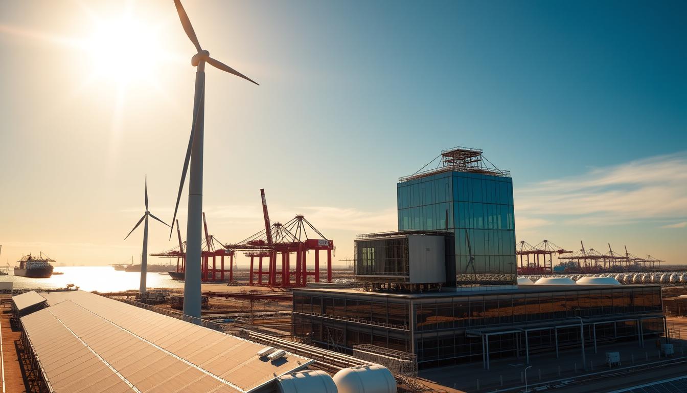 A sun-drenched industrial landscape, featuring a towering wind turbine and solar panels, with a sleek hydrogen production facility in the foreground. The facility's exterior is a striking blend of modern architecture and green energy technology, its gleaming steel and glass facade reflecting the azure sky above. In the middle ground, a network of pipelines and storage tanks suggest the efficient distribution of the generated hydrogen. The background is dominated by the silhouettes of cranes and cargo ships, hinting at the port's role in this green energy venture. The scene conveys a sense of innovation, sustainability, and governmental support for the transition to a renewable hydrogen economy. A sun-drenched industrial landscape, featuring a towering wind turbine and solar panels, with a sleek hydrogen production facility in the foreground. The facility's exterior is a striking blend of modern architecture and green energy technology, its gleaming steel and glass facade reflecting the azure sky above. In the middle ground, a network of pipelines and storage tanks suggest the efficient distribution of the generated hydrogen. The background is dominated by the silhouettes of cranes and cargo ships, hinting at the port's role in this green energy venture. The scene conveys a sense of innovation, sustainability, and governmental support for the transition to a renewable hydrogen economy.