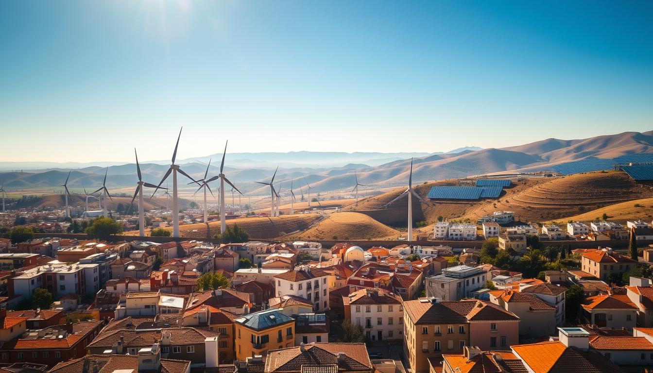 A sweeping aerial view of Spain's energy landscape, with the sun-kissed rooftops of Madrid in the foreground. In the middle ground, wind turbines stand tall, their blades cutting gracefully through the crisp, azure sky. In the distance, the undulating hills are dotted with gleaming solar panels, reflecting the government's ambitious renewable energy policies. The scene is bathed in warm, golden light, casting long shadows and conveying a sense of progress and environmental stewardship under the leadership of Prime Minister Pedro Sánchez. The composition is balanced and harmonious, showcasing Spain's transition towards a more sustainable energy future.