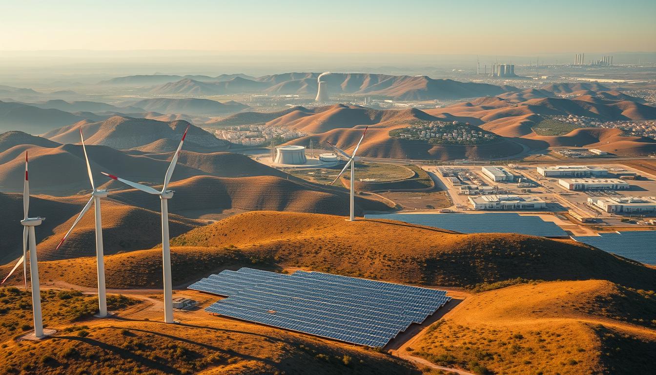 A sweeping aerial view of the Spanish landscape, capturing the challenges of the energy transition. In the foreground, wind turbines stand tall against a backdrop of rolling hills, their blades cutting through the air with graceful power. In the middle ground, sprawling solar farms stretch out, their panels glinting in the warm Mediterranean sunlight. In the distance, a mix of traditional power plants and modern renewable facilities dot the horizon, a visual representation of Spain's ongoing efforts to balance its energy needs. The scene is bathed in a warm, golden light, conveying a sense of progress and determination, as Spain navigates the complexities of transitioning to a more sustainable energy future. A sweeping aerial view of the Spanish landscape, capturing the challenges of the energy transition. In the foreground, wind turbines stand tall against a backdrop of rolling hills, their blades cutting through the air with graceful power. In the middle ground, sprawling solar farms stretch out, their panels glinting in the warm Mediterranean sunlight. In the distance, a mix of traditional power plants and modern renewable facilities dot the horizon, a visual representation of Spain's ongoing efforts to balance its energy needs. The scene is bathed in a warm, golden light, conveying a sense of progress and determination, as Spain navigates the complexities of transitioning to a more sustainable energy future.